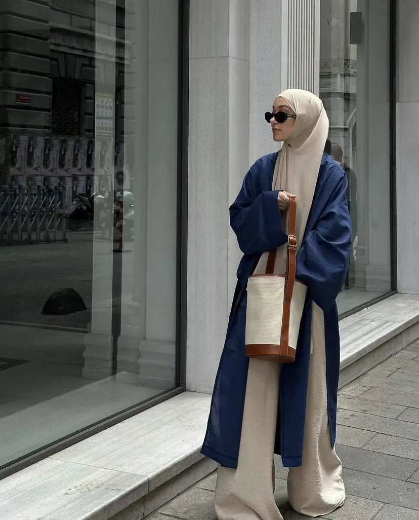 Navy Coat Over Beige Separates for Chic Layering Navy Coat Over Beige Separates for Chic Layering — Classy Muslim Outfits
