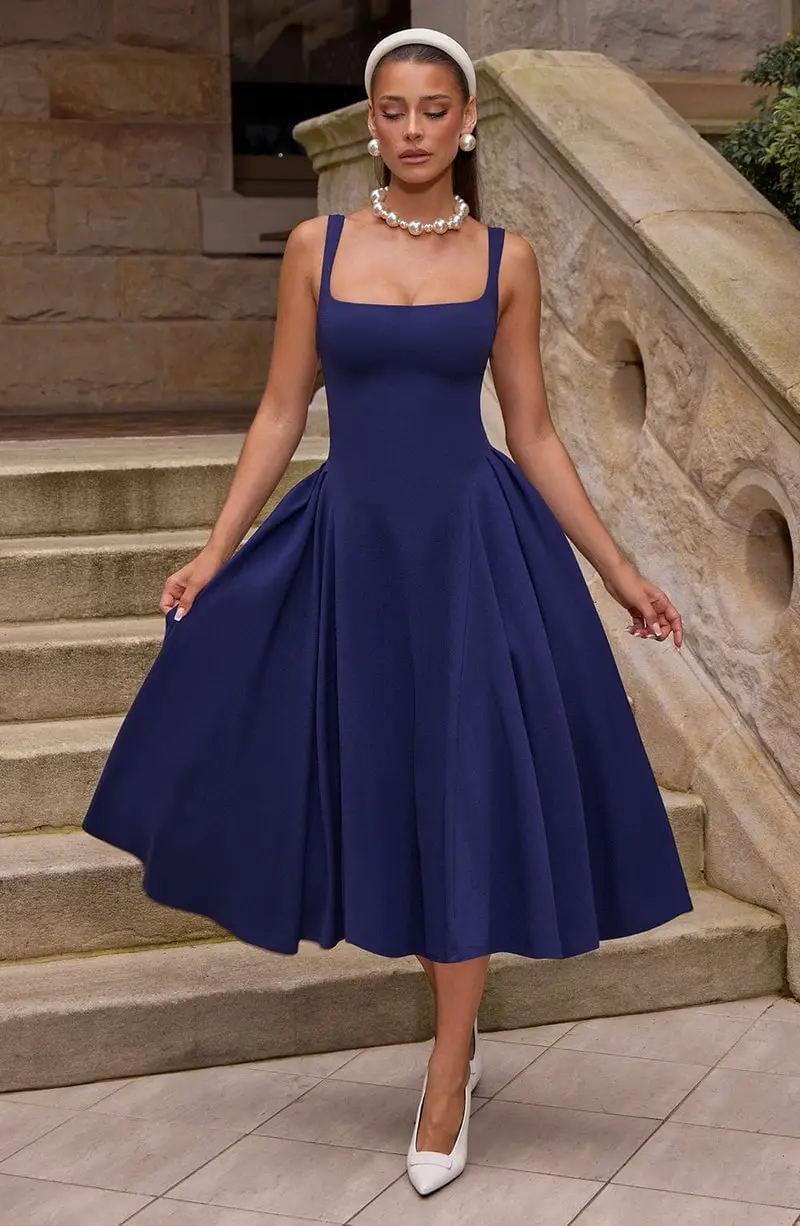 Navy Fit-And-Flare Midi Dress with Pearls — Classy Navy Outfits