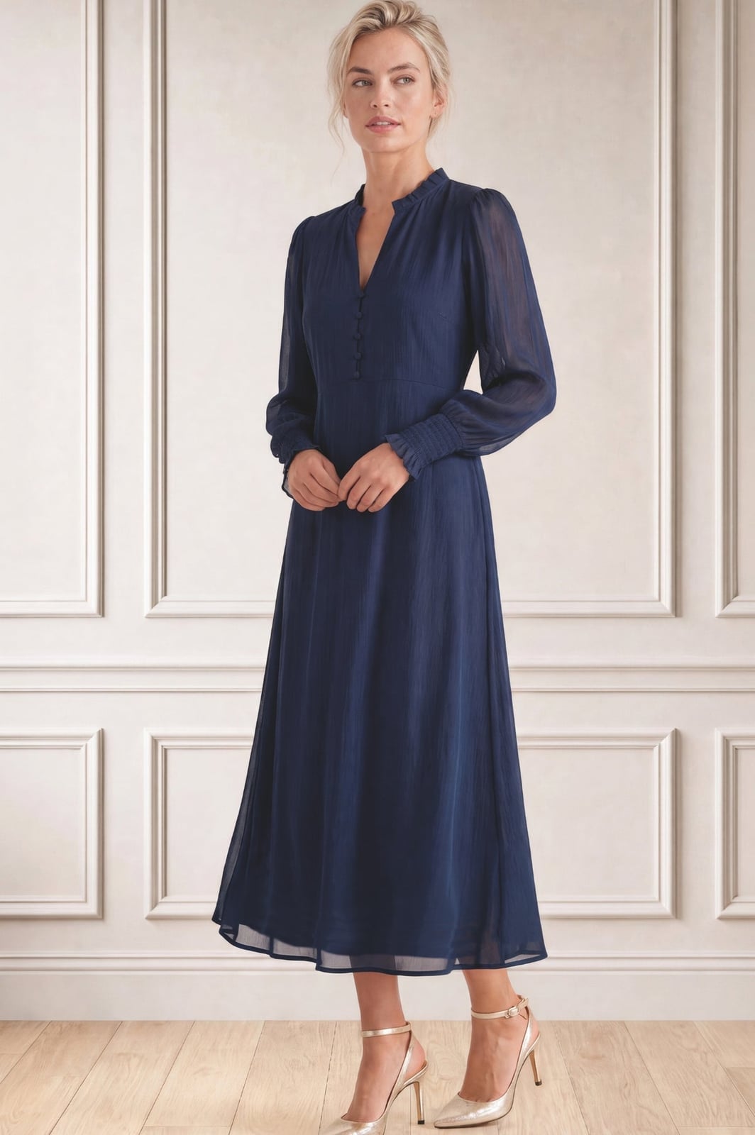 Navy Chiffon Midi Dress with Button Detail — Classy Navy Outfits
