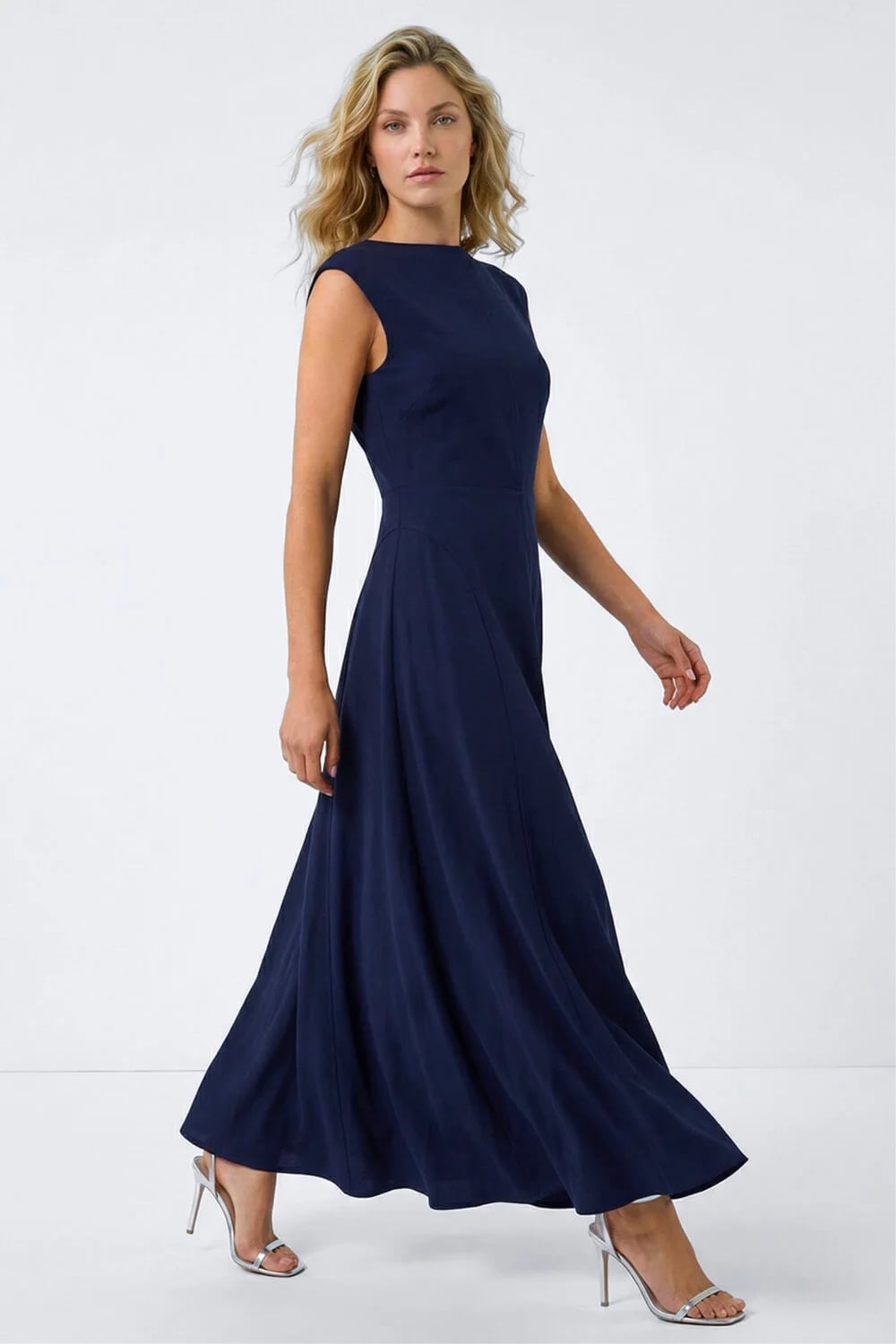 Navy Fit and Flare Midi Dress with Silver Heels — Classy Navy Outfits