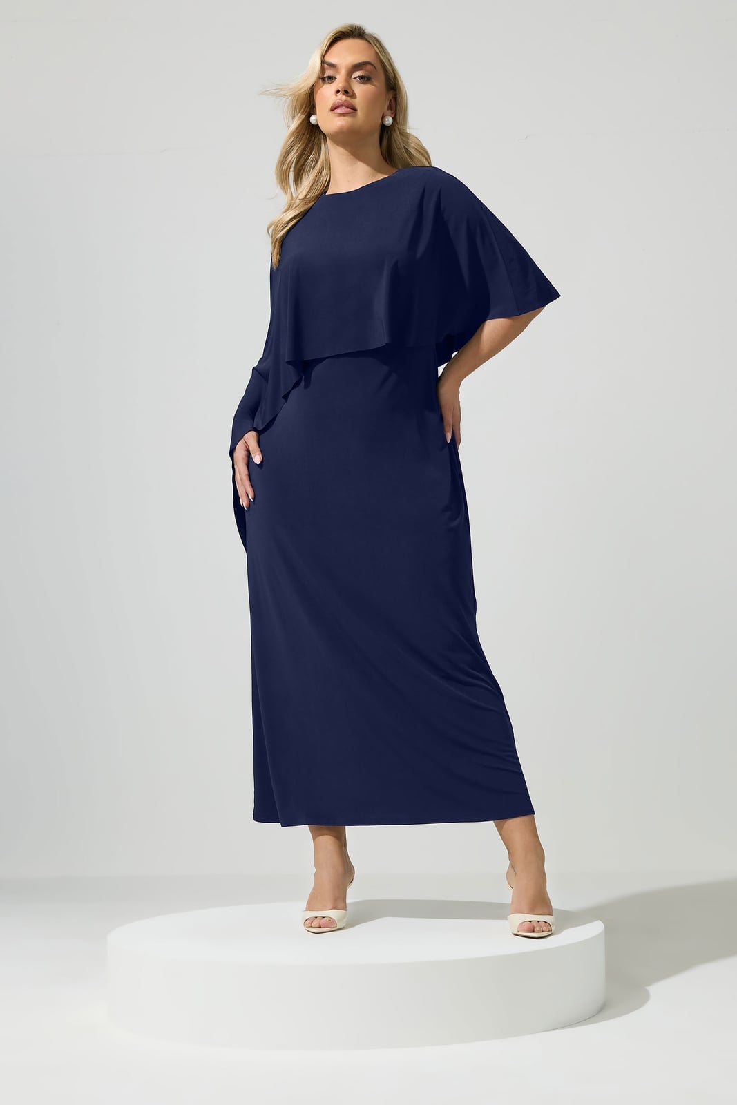 Navy Maxi Dress with Cape Overlay — Classy Navy Outfits