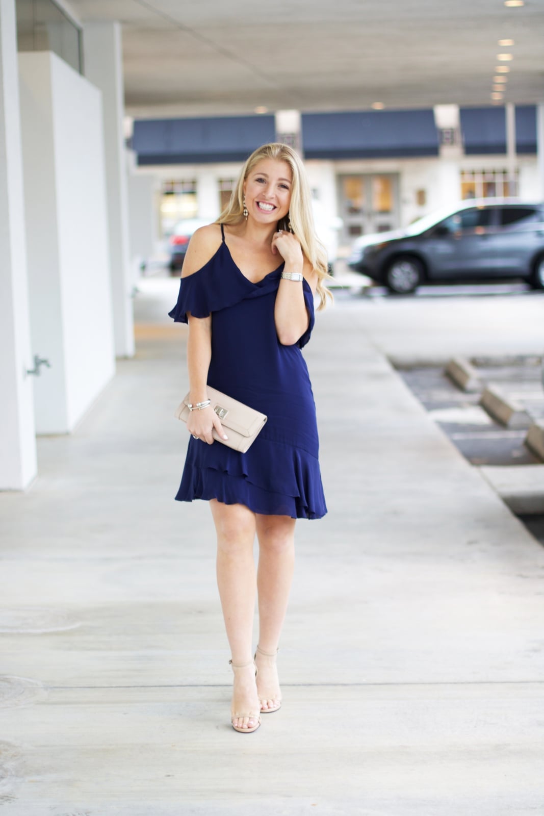Navy Cold-Shoulder Ruffled Mini Dress — Classy Navy Outfits