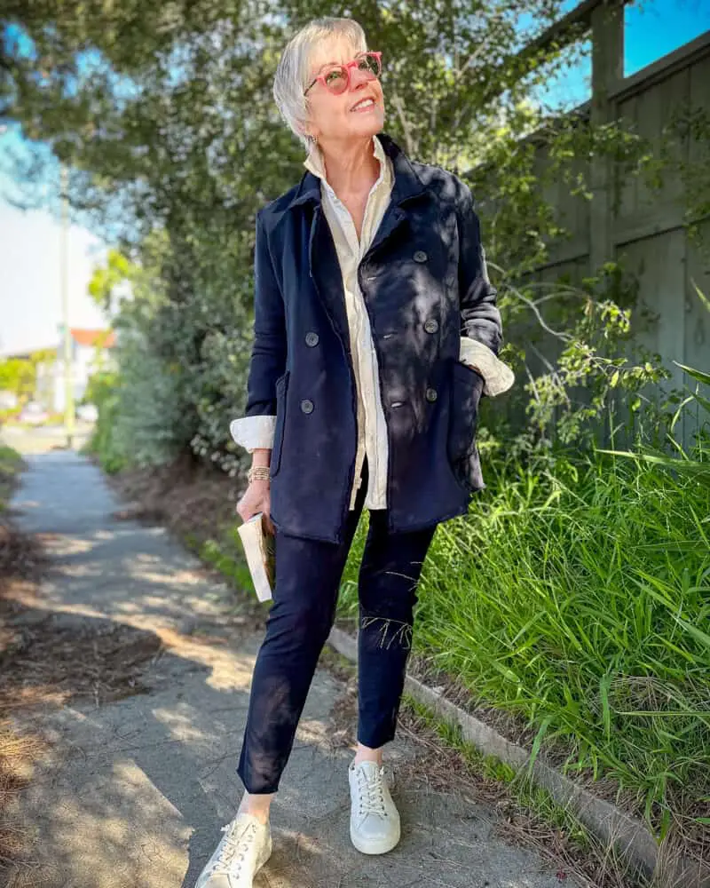 Navy Double-Breasted Jacket with White Sneakers — Classy Navy Outfits
