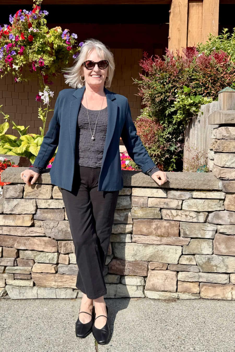 Navy Blazer Over Gray Top and Black Trousers — Classy Navy Outfits