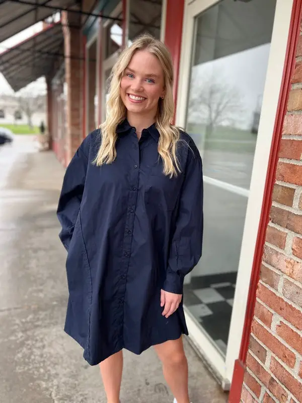 Navy Oversized Cotton Shirt Dress — Classy Navy Outfits