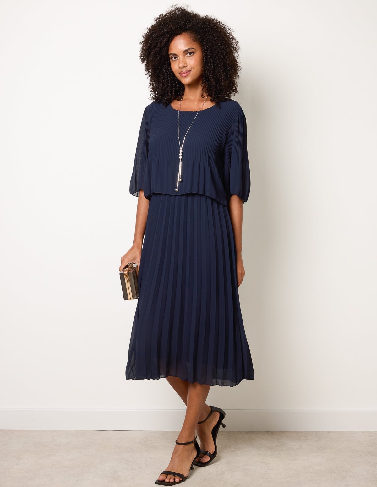 Navy Georgette Midi Dress with Pleated Skirt — Classy Navy Outfits