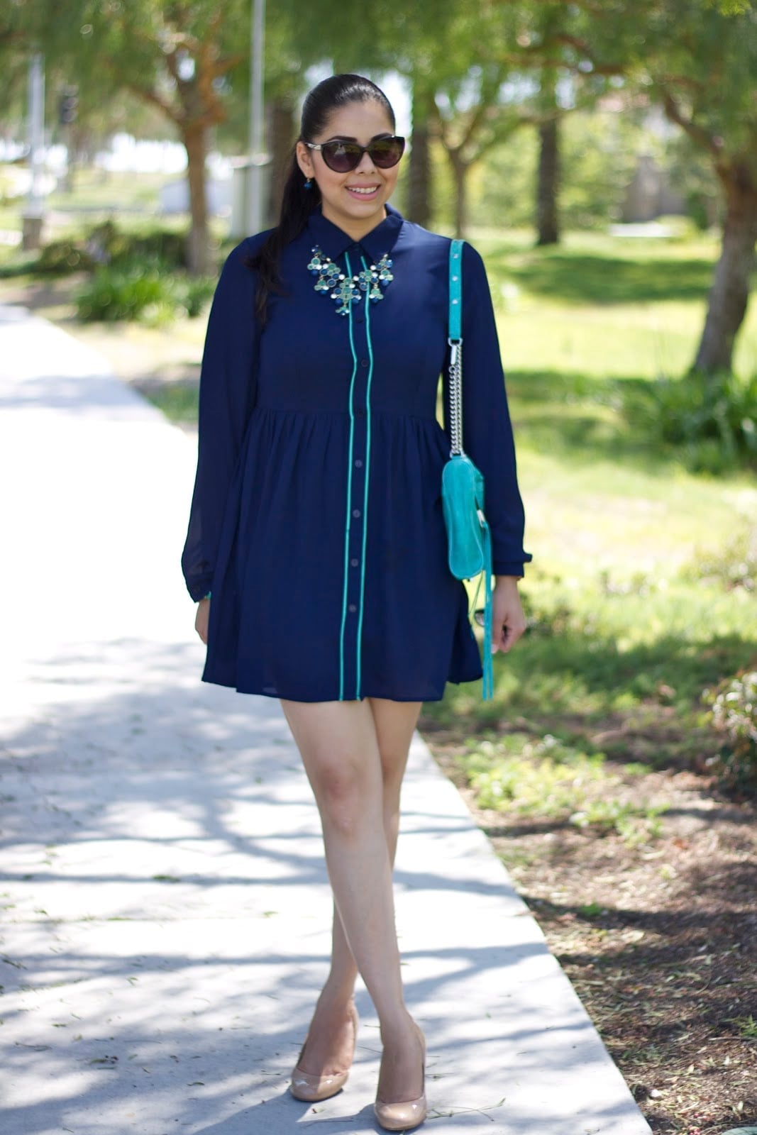 Navy Mini Dress with Mint Green Trim — Classy Navy Outfits
