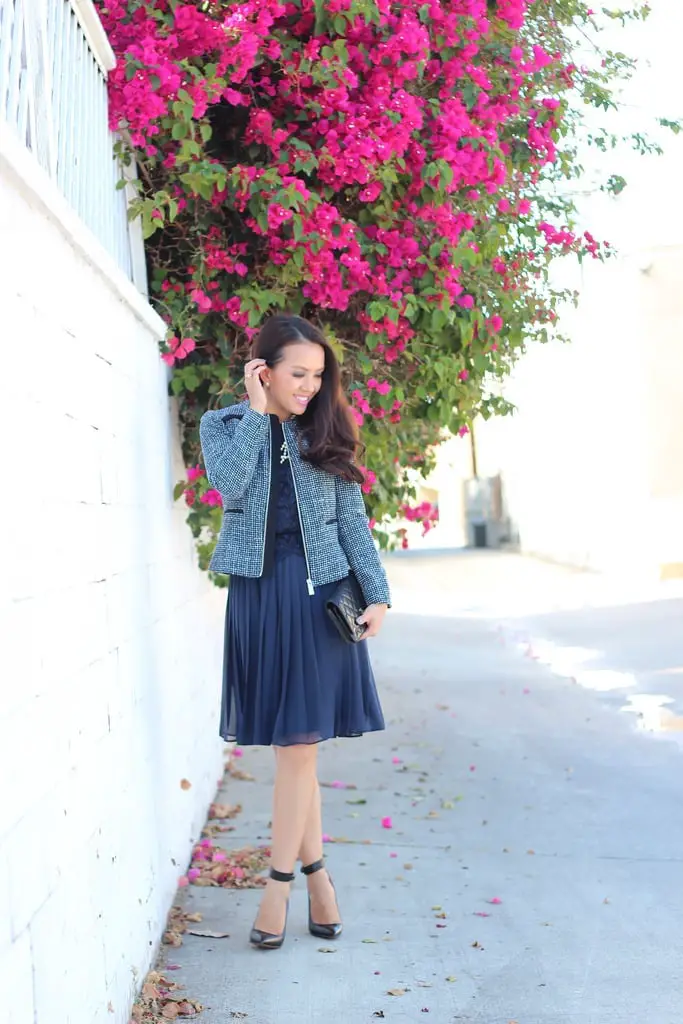 Monochromatic Navy Outfit with Pleated Sheer Skirt — Classy Navy Outfits