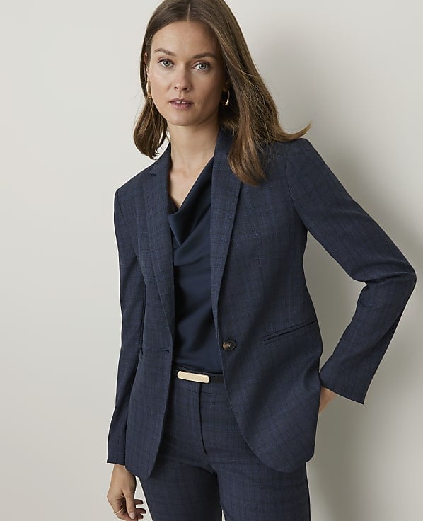 Navy Textured Blazer with Cowl Neck Top — Classy Navy Outfits