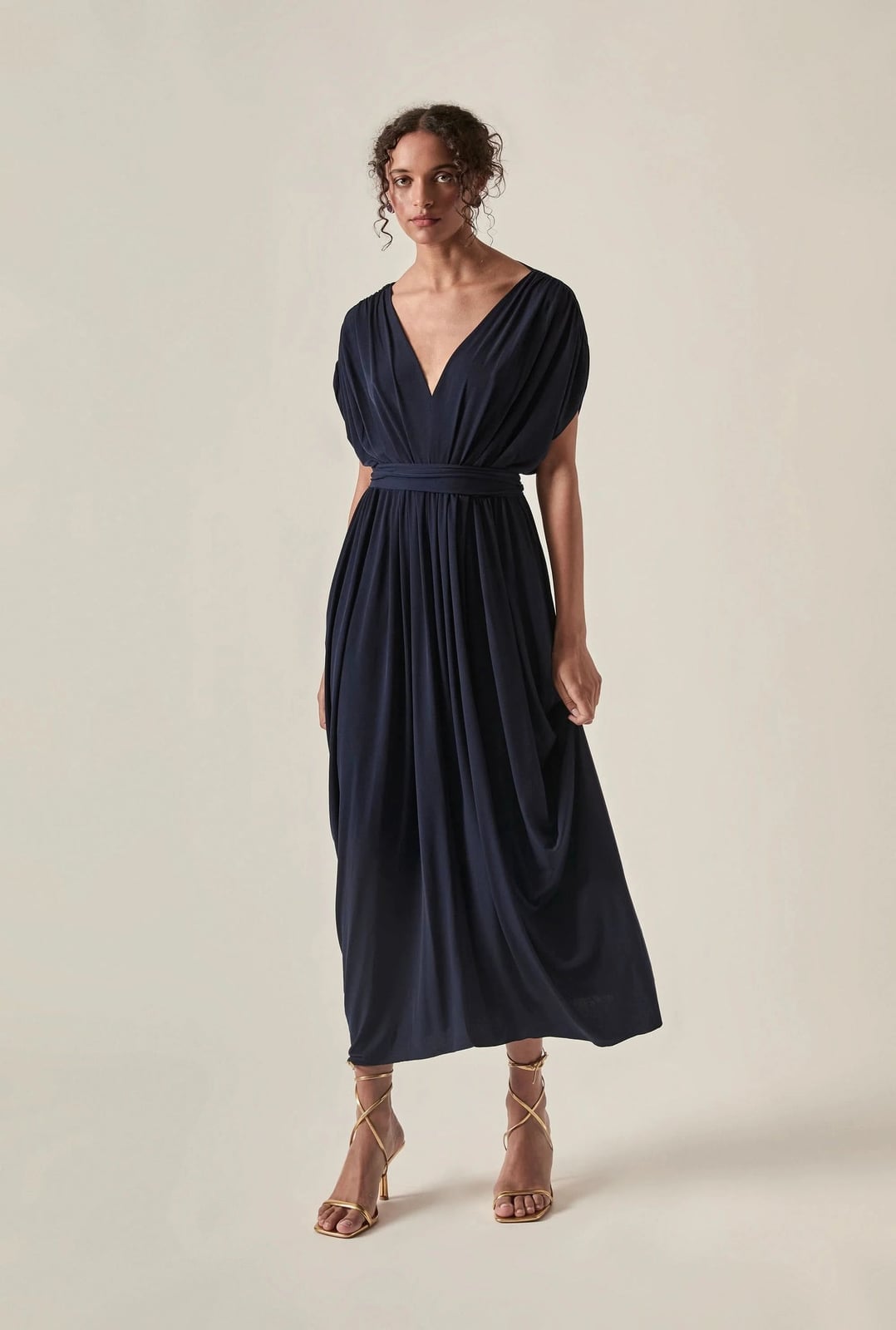 Navy Draped Midi Dress with Open Back — Classy Navy Outfits