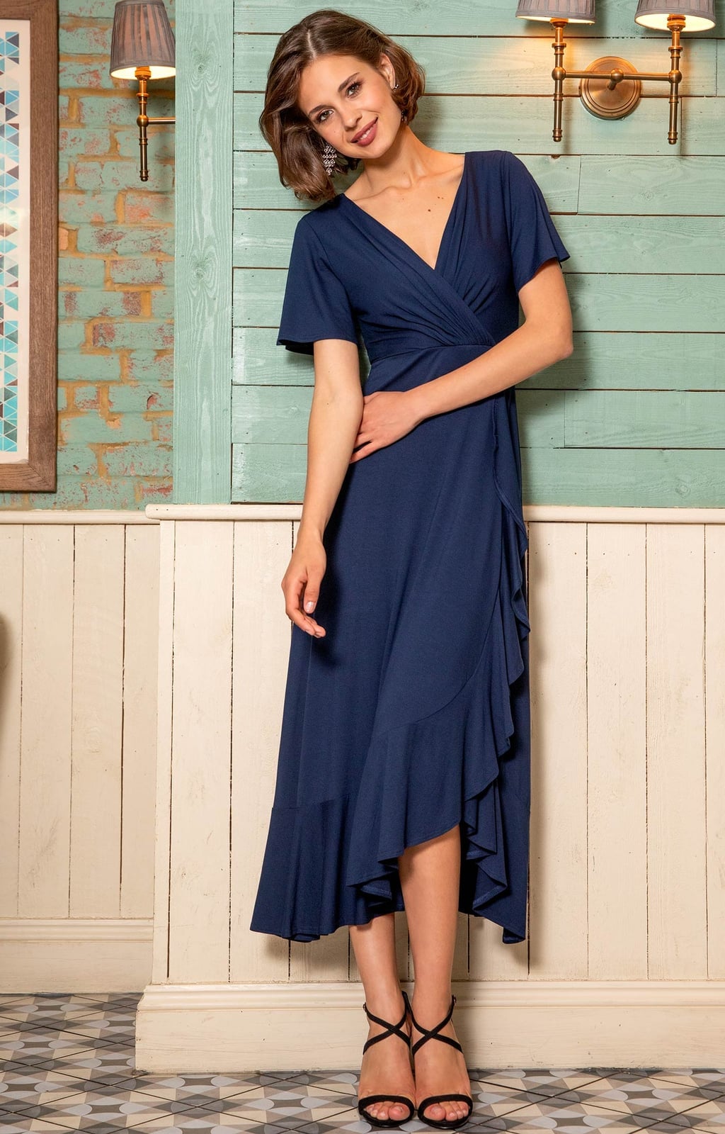 Navy Wrap Midi Dress with Ruffled Hem — Classy Navy Outfits