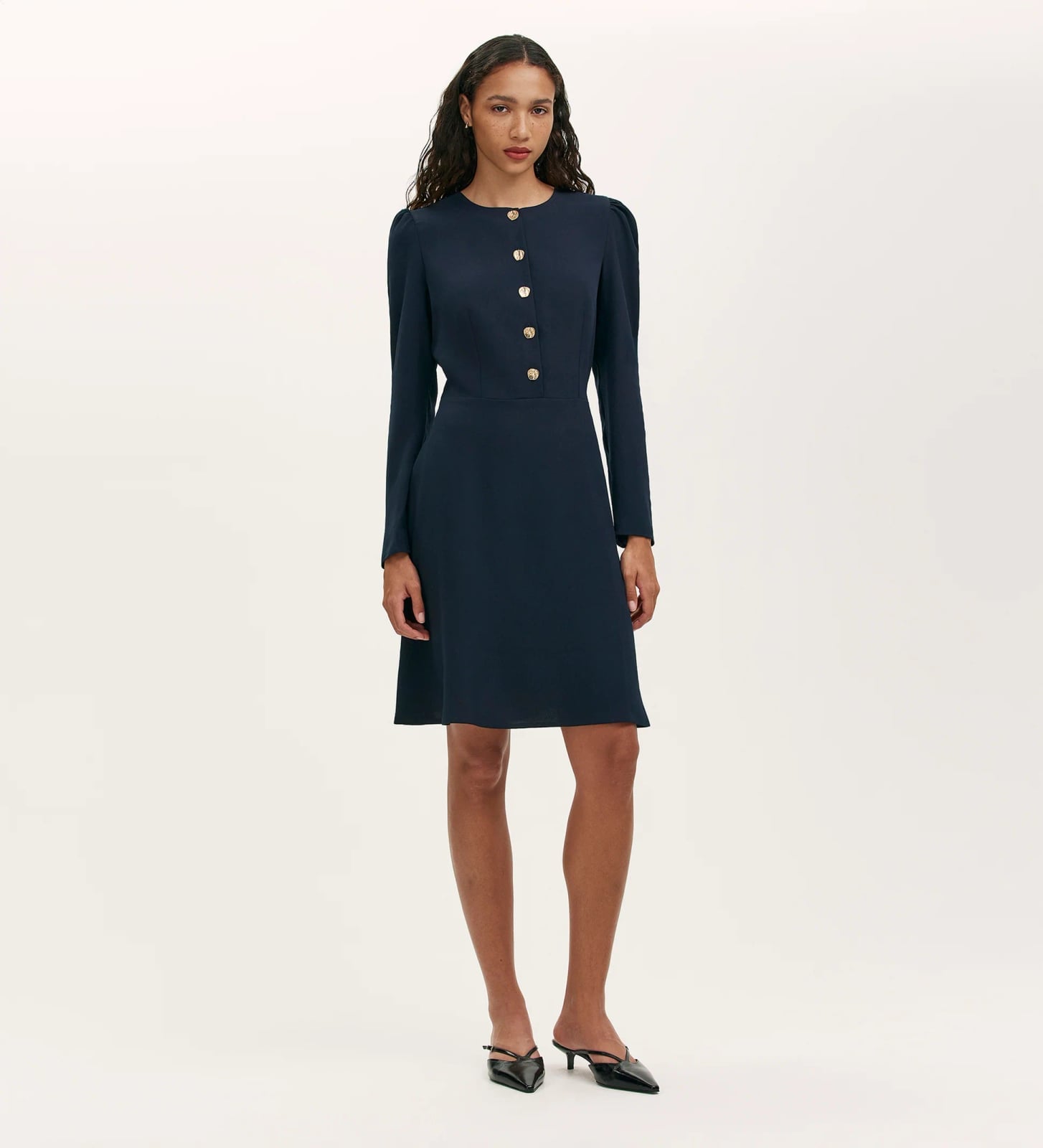 Navy Long-Sleeved Dress with Gold Buttons — Classy Navy Outfits