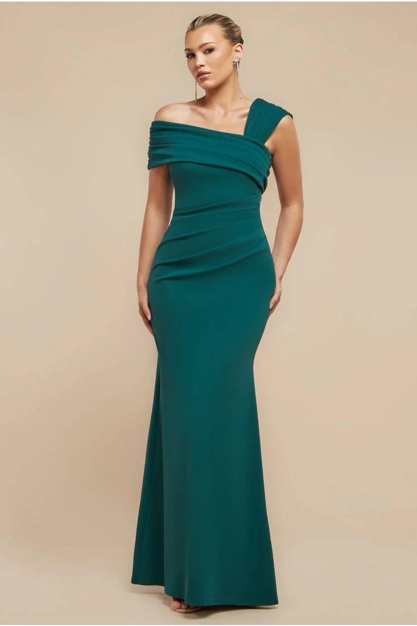 Teal Asymmetrical Draped Neck Fitted Dress Teal Asymmetrical Draped Neck Fitted Dress — Classy Necklines Dress