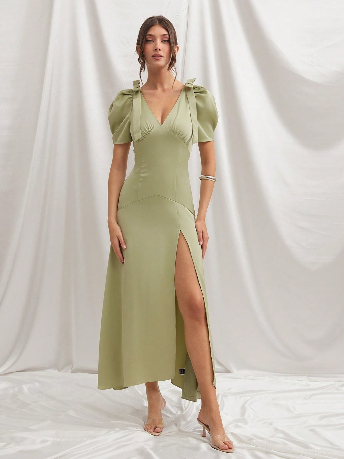 Sage Green Satin Maxi Dress with Puff Sleeves Sage Green Satin Maxi Dress with Puff Sleeves — Classy Necklines Dress