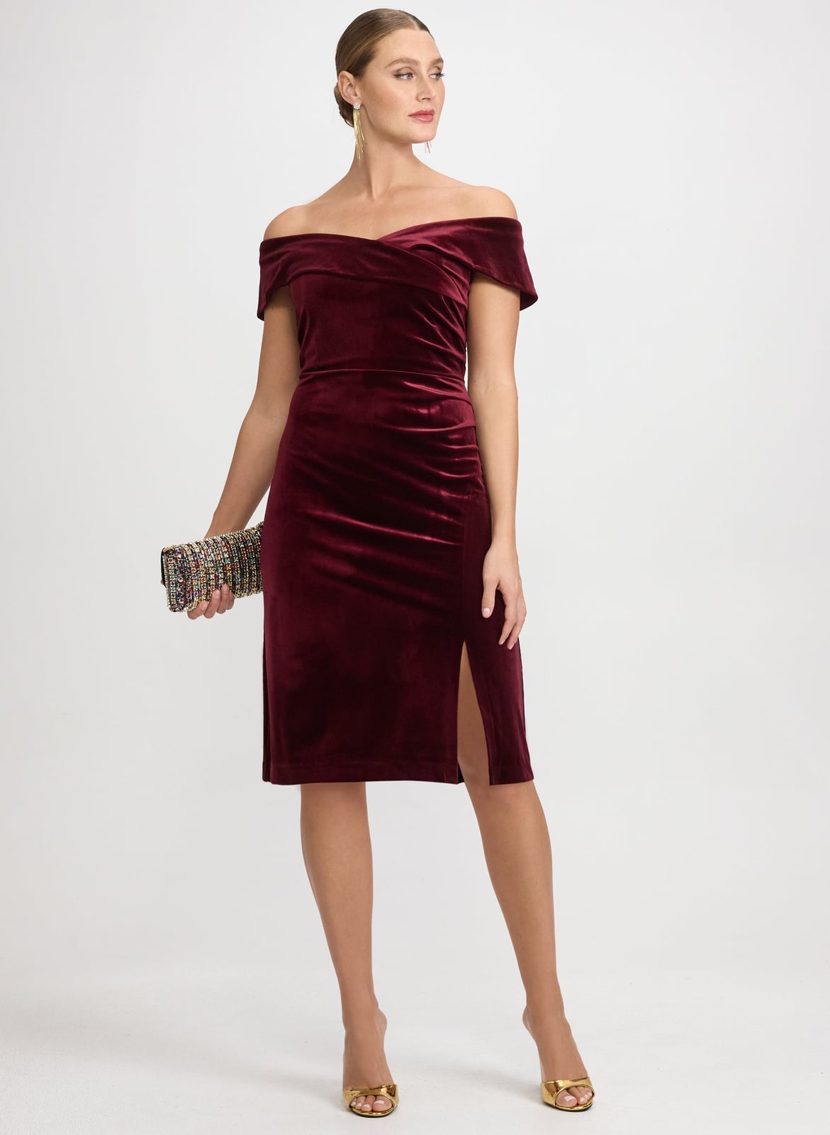 Burgundy Velvet Off-Shoulder Dress Burgundy Velvet Off-Shoulder Dress — Classy Necklines Dress