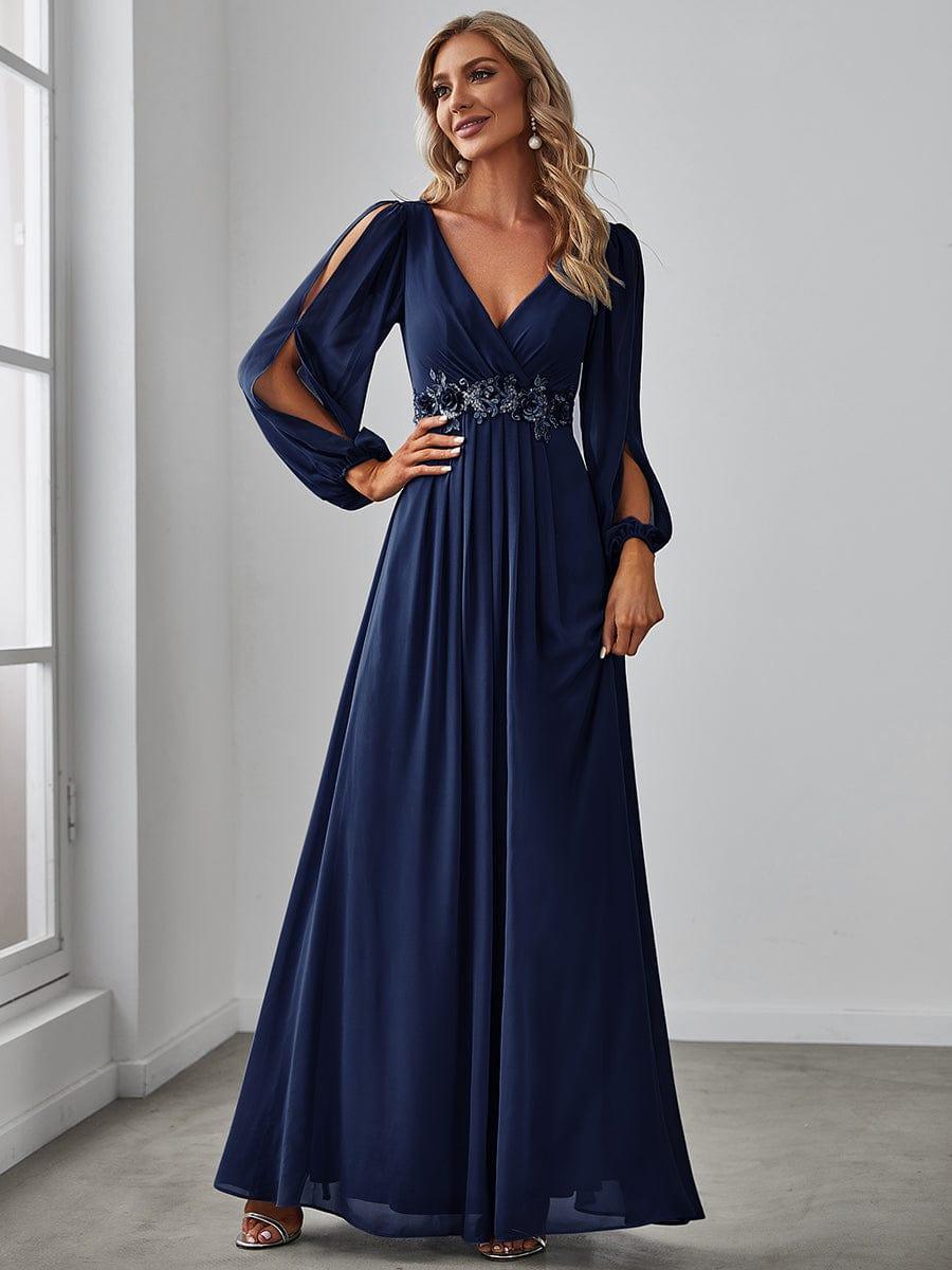 Navy Blue Chiffon A-Line Dress with Embellished Waist Navy Blue Chiffon A-Line Dress with Embellished Waist — Classy Necklines Dress
