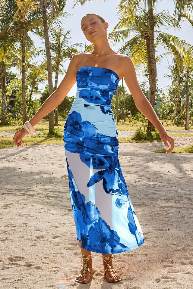 Blue Floral Print Strapless Maxi Dress Blue Floral Print Strapless Maxi Dress — Classy Necklines Dress
