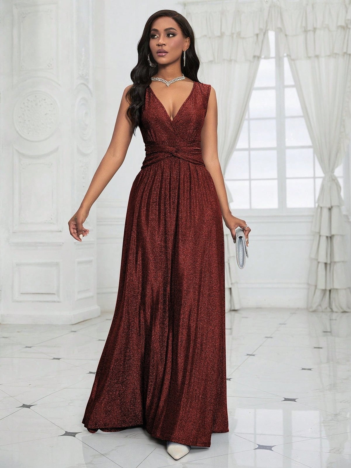 Metallic Red Sparkly V-Neck A-Line Dress Metallic Red Sparkly V-Neck A-Line Dress — Classy Necklines Dress