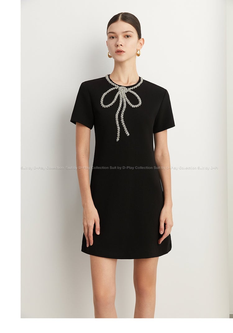 Black Beaded Bow Neck A-Line Dress Black Beaded Bow Neck A-Line Dress — Classy Necklines Dress