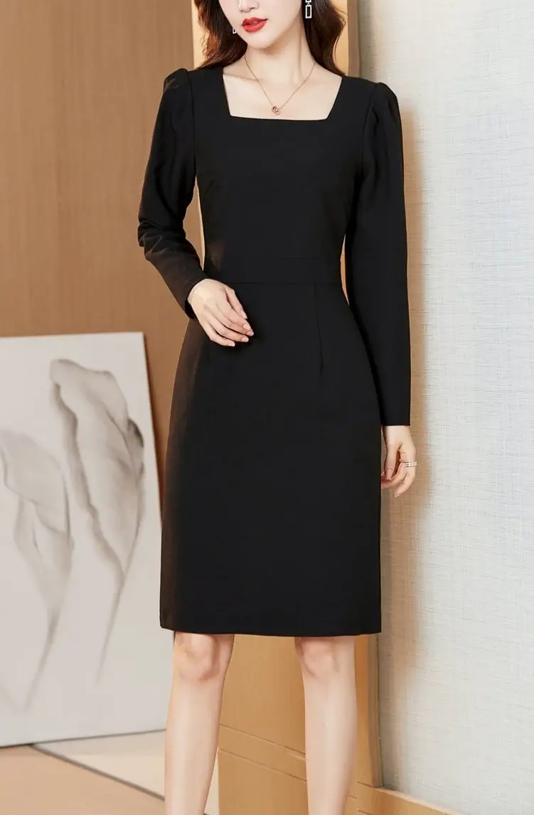 Black Square Neck Fitted Midi Dress Black Square Neck Fitted Midi Dress — Classy Necklines Dress