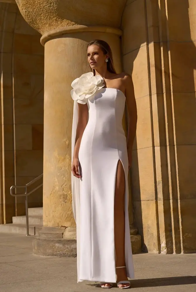 White One-Shoulder Crepe Column Dress with Capelet White One-Shoulder Crepe Column Dress with Capelet — Classy Necklines Dress