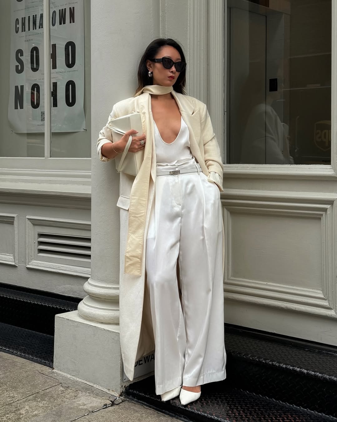 All Ivory Silk Ensemble with Wide Leg Pants All Ivory Silk Ensemble with Wide Leg Pants — Classy Neutral Outfits