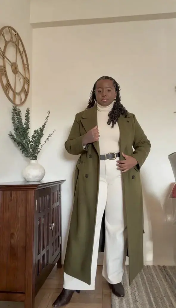 Olive Green Coat Over Cream Turtleneck and White Trousers Olive Green Coat Over Cream Turtleneck and White Trousers — Classy Neutral Outfits