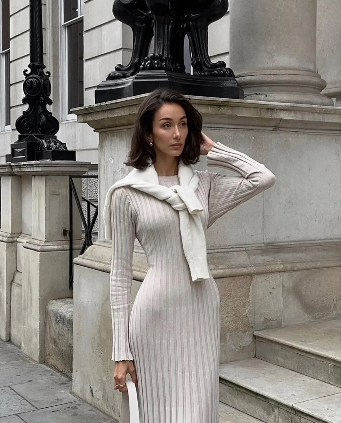 Light Beige Ribbed Knit Dress with Layered Sweater Light Beige Ribbed Knit Dress with Layered Sweater — Classy Neutral Outfits