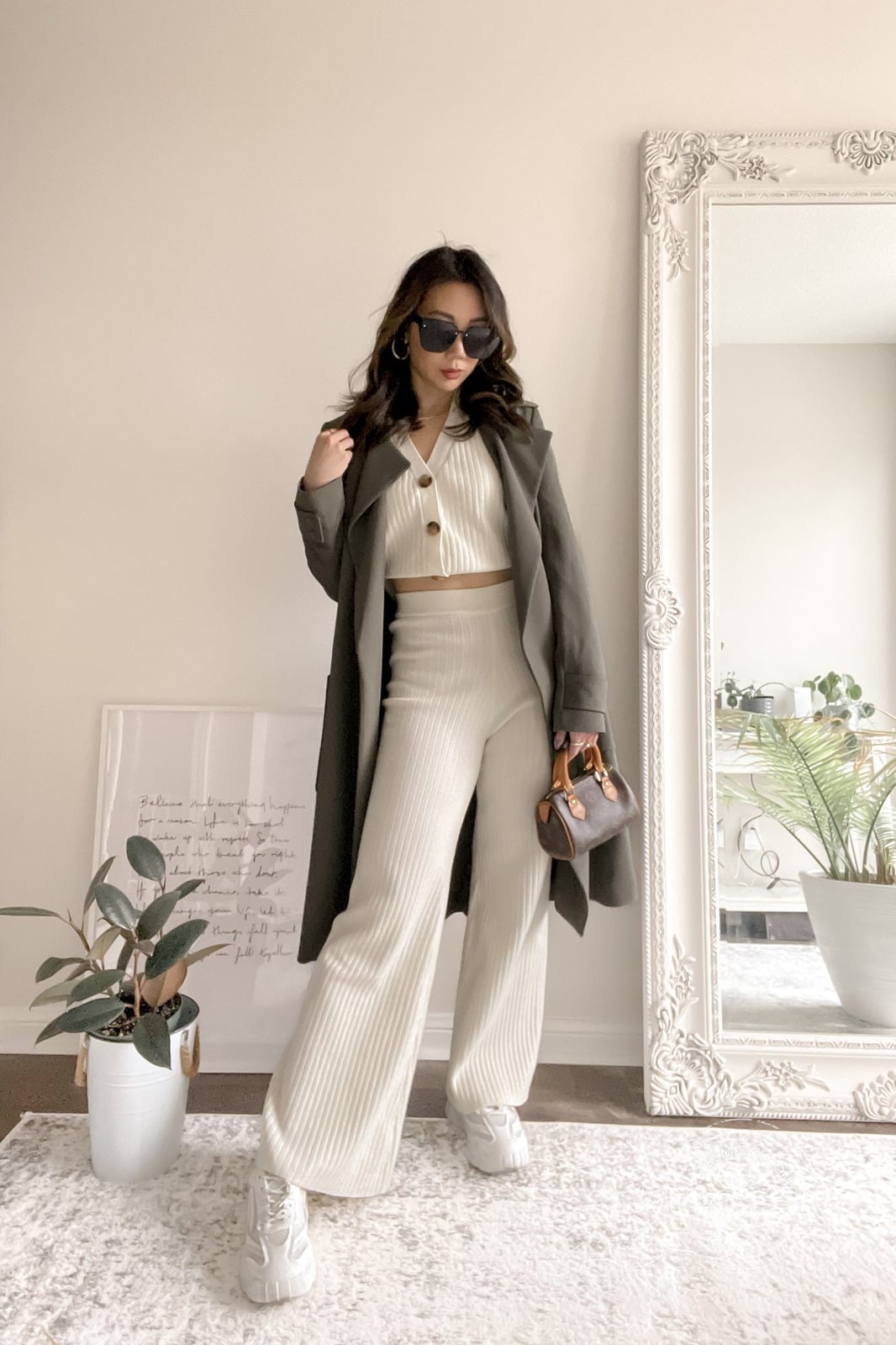 Olive Green Trench Coat Over Cream Knit Set Olive Green Trench Coat Over Cream Knit Set — Classy Neutral Outfits