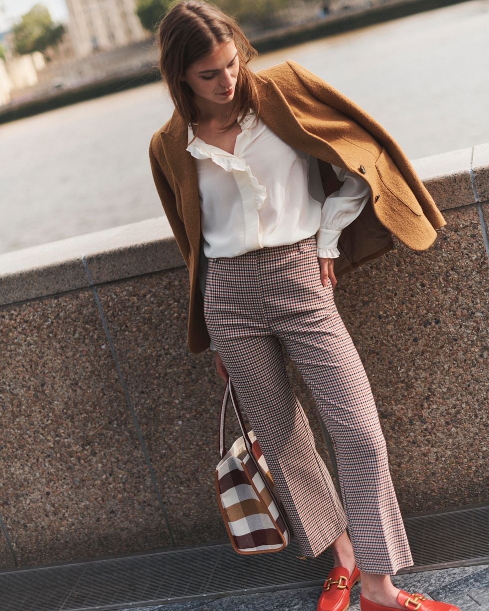 Brown Blazer with Houndstooth Trousers and Ruffled Blouse Brown Blazer with Houndstooth Trousers and Ruffled Blouse — Classy Neutral Outfits