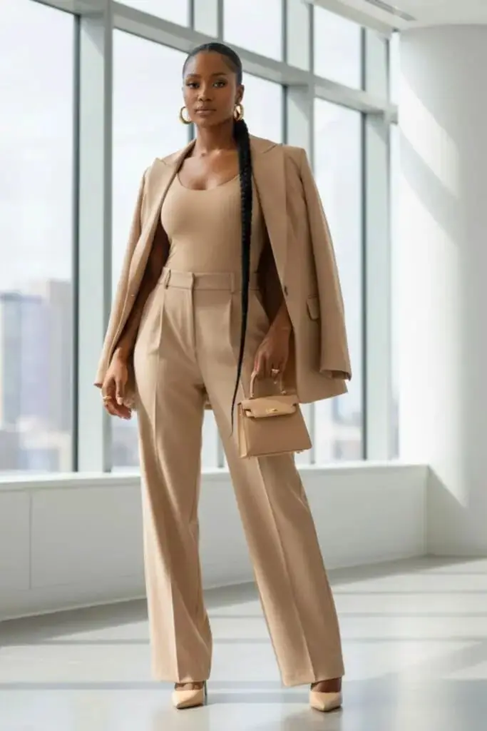 Monochromatic Beige and Tan Tailored Trousers and Blazer Monochromatic Beige and Tan Tailored Trousers and Blazer — Classy Neutral Outfits