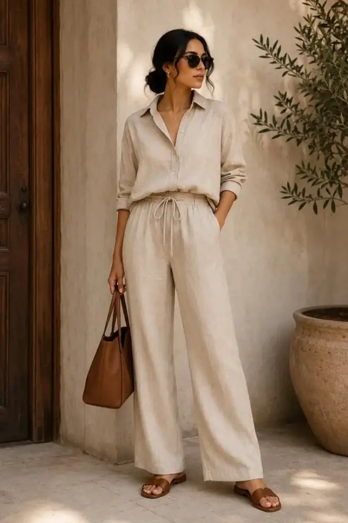 Beige Linen Blend Shirt and Wide Leg Trousers Set Beige Linen Blend Shirt and Wide Leg Trousers Set — Classy Neutral Outfits