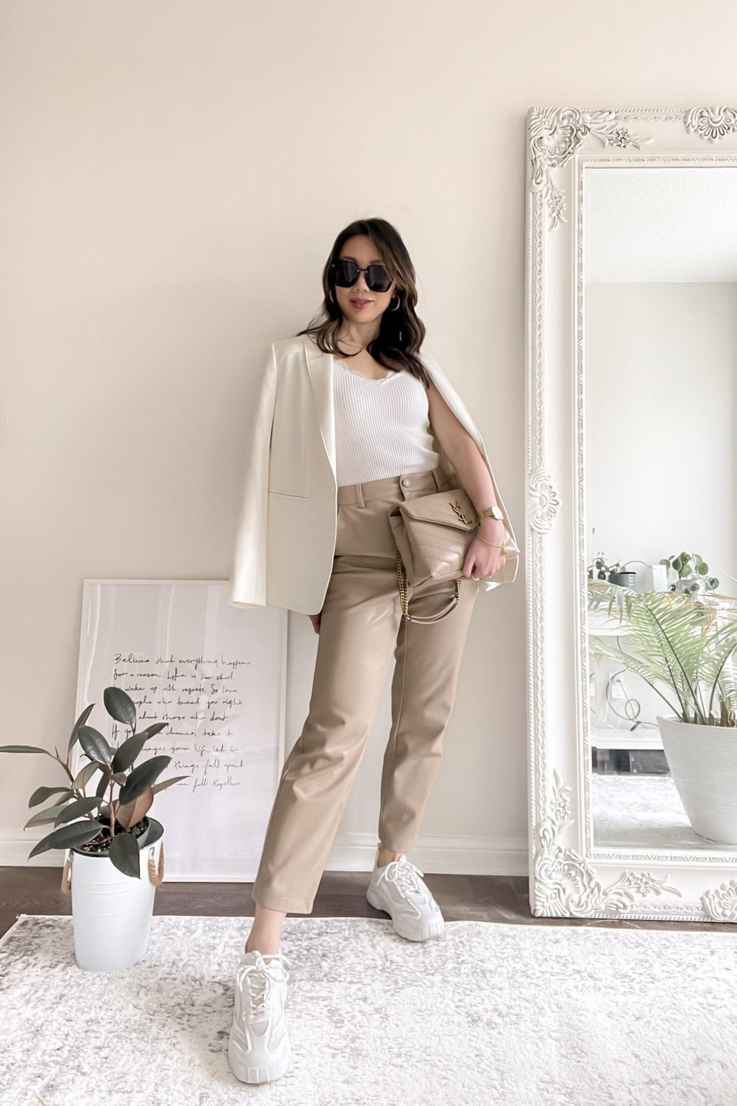 Cream Faux Leather Trousers with White Tank and Blazer Cream Faux Leather Trousers with White Tank and Blazer — Classy Neutral Outfits