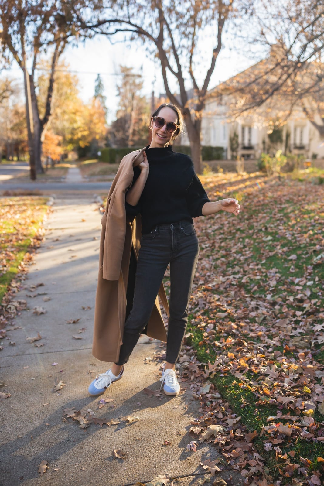 Camel Coat Over Black Sweater and Gray Jeans Camel Coat Over Black Sweater and Gray Jeans — Classy Neutral Outfits