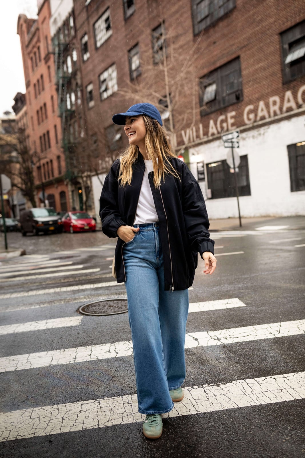 Navy Bomber Jacket with Light Wash Wide Leg Jeans Navy Bomber Jacket with Light Wash Wide Leg Jeans — Classy New York Outfits