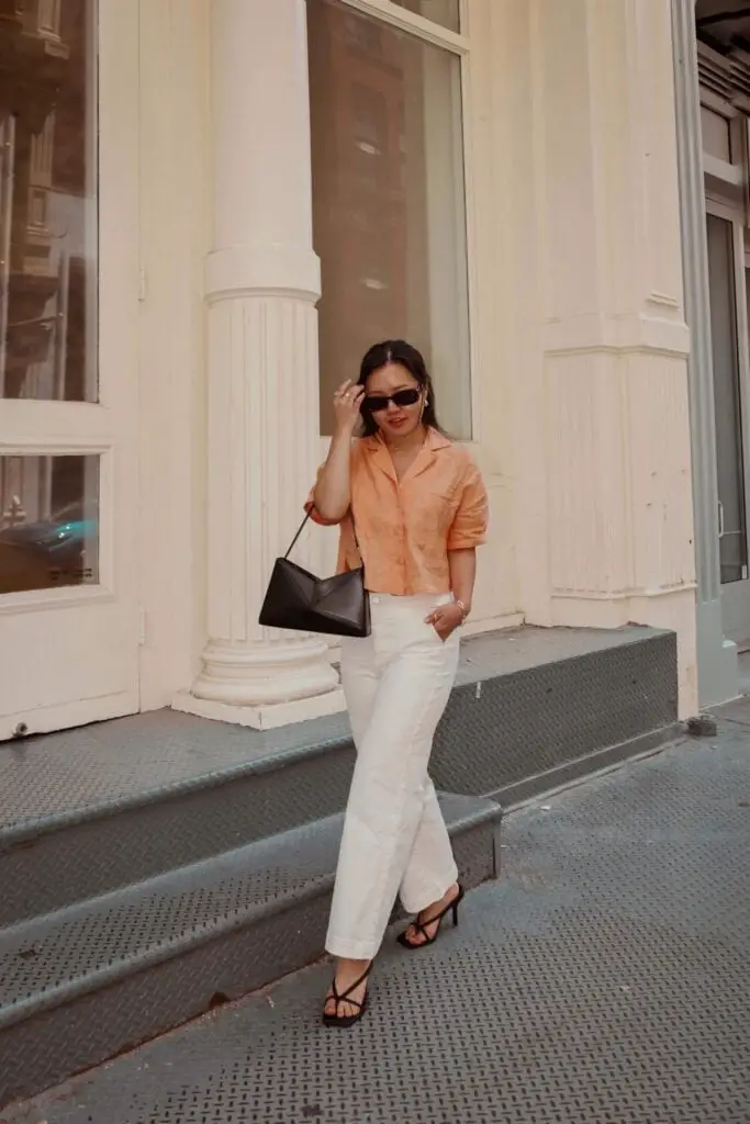 Light Orange Collared Shirt with White Wide Leg Trousers Light Orange Collared Shirt with White Wide Leg Trousers — Classy New York Outfits