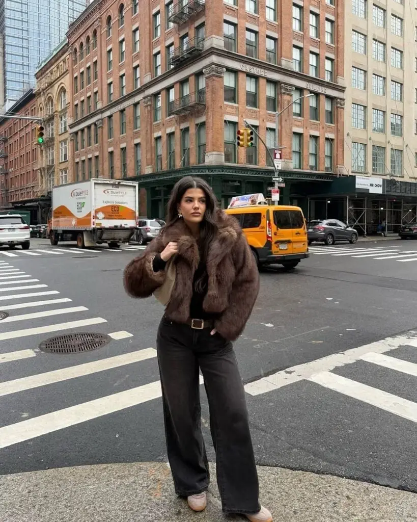 Brown Fur Jacket with Gray Wide Leg Jeans Brown Fur Jacket with Gray Wide Leg Jeans — Classy New York Outfits