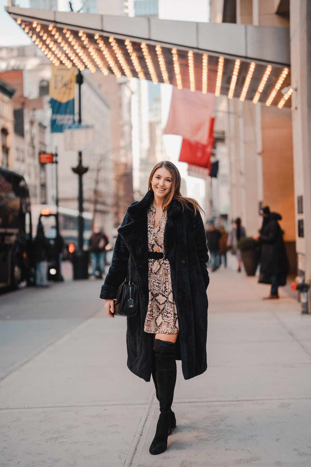 Black Faux Fur Coat with Snakeskin Print Dress Black Faux Fur Coat with Snakeskin Print Dress — Classy New York Outfits