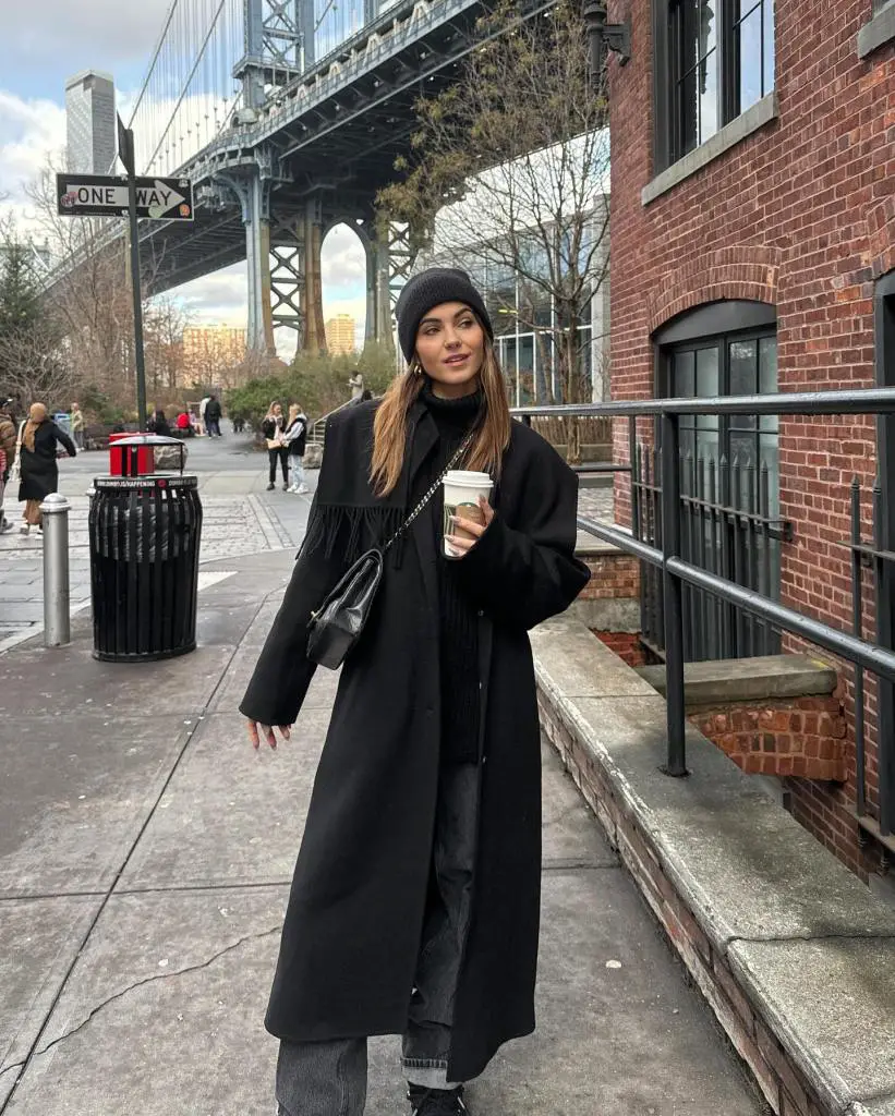 Long Black Wool Coat with Gray Jeans Long Black Wool Coat with Gray Jeans — Classy New York Outfits