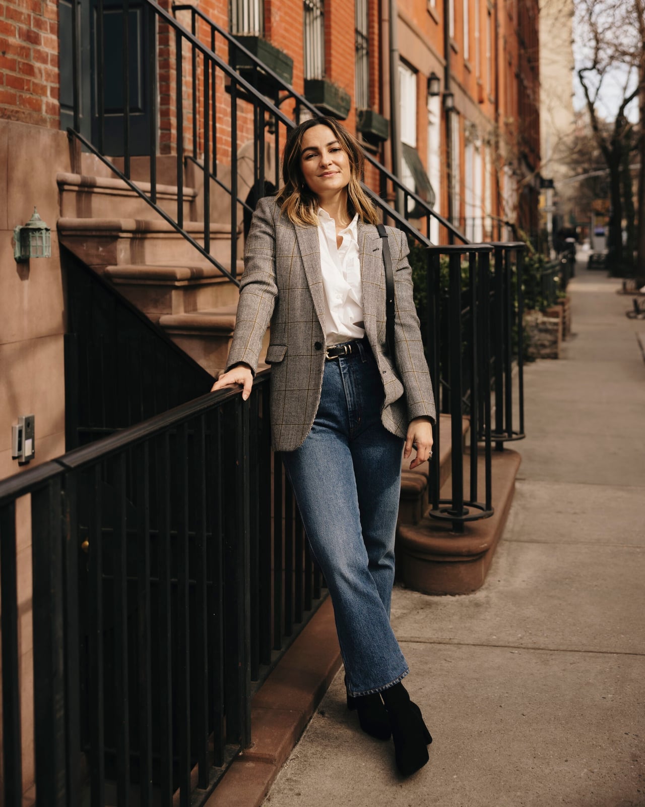 Gray Plaid Blazer with White Shirt and Blue Jeans Gray Plaid Blazer with White Shirt and Blue Jeans — Classy New York Outfits