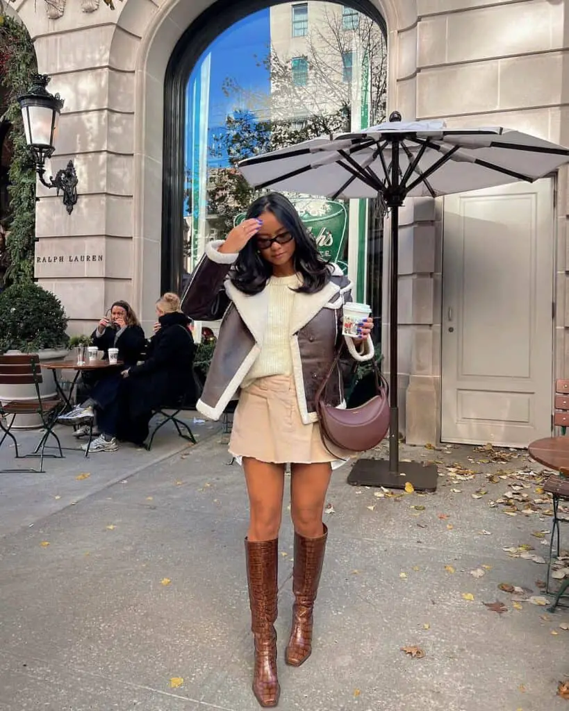 Brown Shearling Jacket with Beige Mini Skirt Brown Shearling Jacket with Beige Mini Skirt — Classy New York Outfits