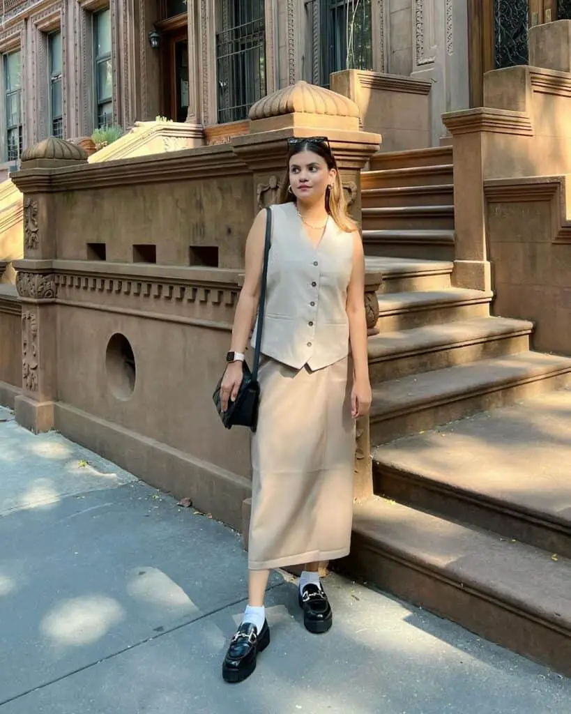 Beige Vest and Midi Skirt with Chunky Loafers Beige Vest and Midi Skirt with Chunky Loafers — Classy New York Outfits