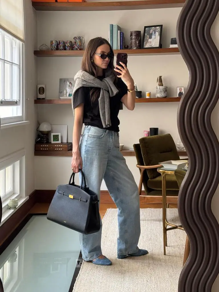 Wide Leg Jeans with Sweater Tied on Shoulders Wide Leg Jeans with Sweater Tied on Shoulders — Classy New York Outfits