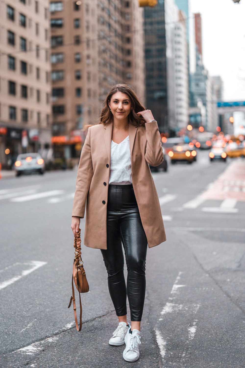 Camel Coat with Black Leather-Look Pants Camel Coat with Black Leather-Look Pants — Classy New York Outfits