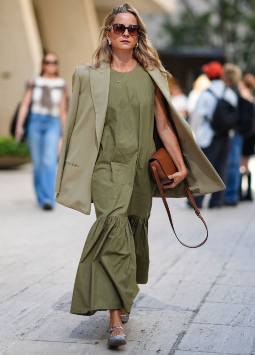 Olive Green Ruffled Midi Dress with Khaki Blazer Olive Green Ruffled Midi Dress with Khaki Blazer — Classy New York Outfits