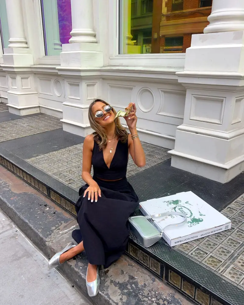 Black Sleeveless Top with Flowing Maxi Skirt and Silver Ballet Flats Black Sleeveless Top with Flowing Maxi Skirt and Silver Ballet Flats — Classy New York Outfits