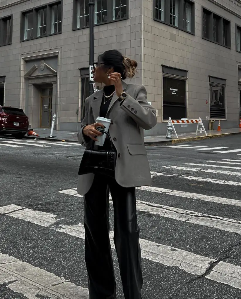 Gray Wool-Blend Blazer Over Black Turtleneck and Leather Trousers Gray Wool-Blend Blazer Over Black Turtleneck and Leather Trousers — Classy New York Style