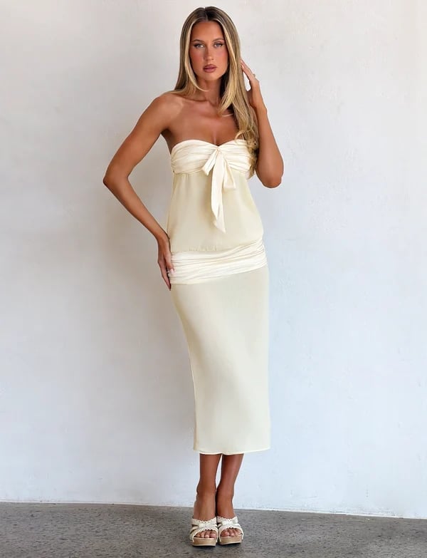 Cream And Ivory Ruched Strapless Midi Dress Cream And Ivory Ruched Strapless Midi Dress — Classy Night Club Outfit
