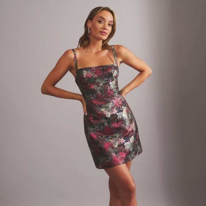 Metallic Floral Print Mini Dress Metallic Floral Print Mini Dress — Classy Night Club Outfit