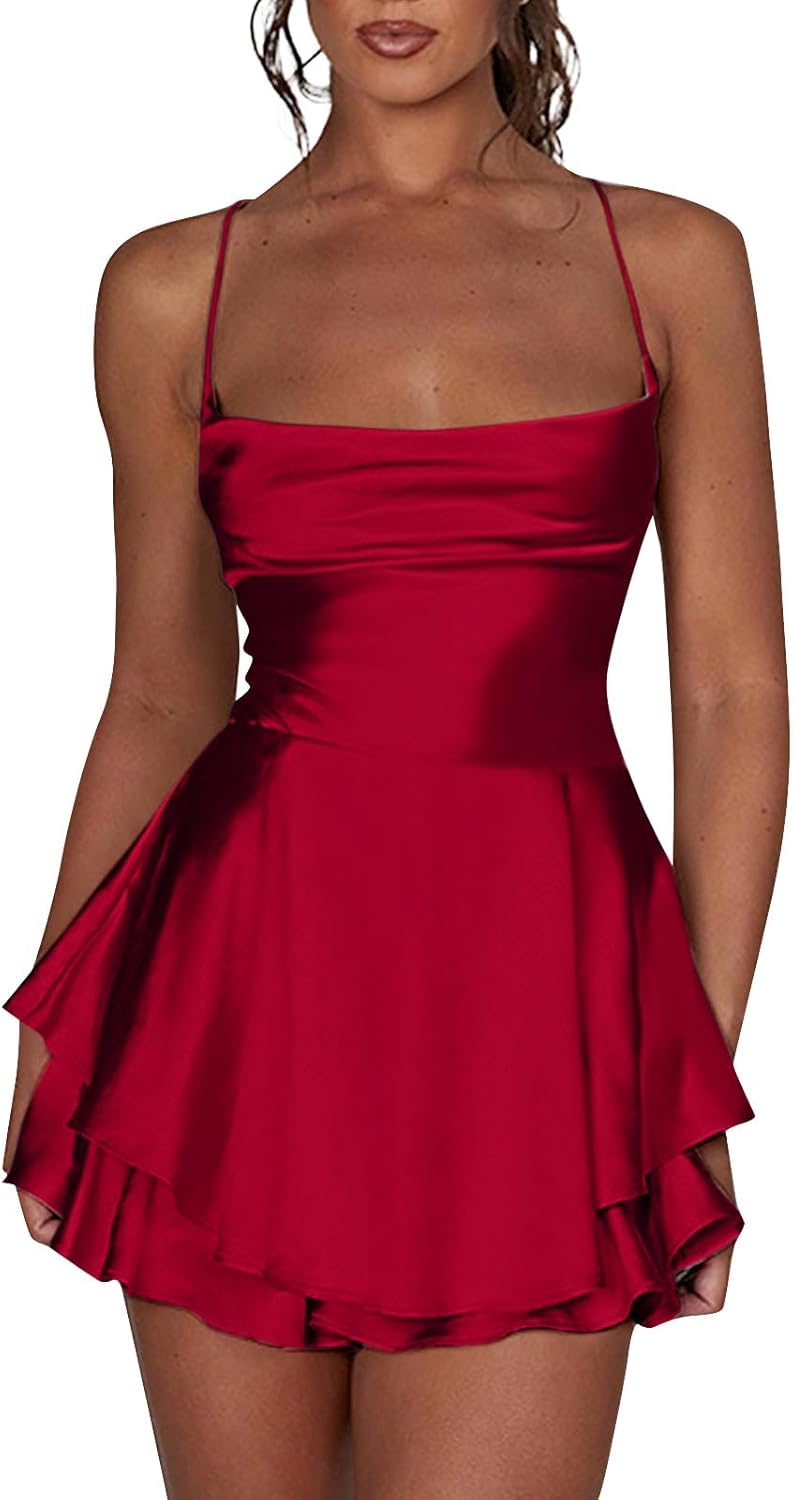 Red Satin Slip Mini Dress With Ruffled Hem Red Satin Slip Mini Dress With Ruffled Hem — Classy Night Club Outfit